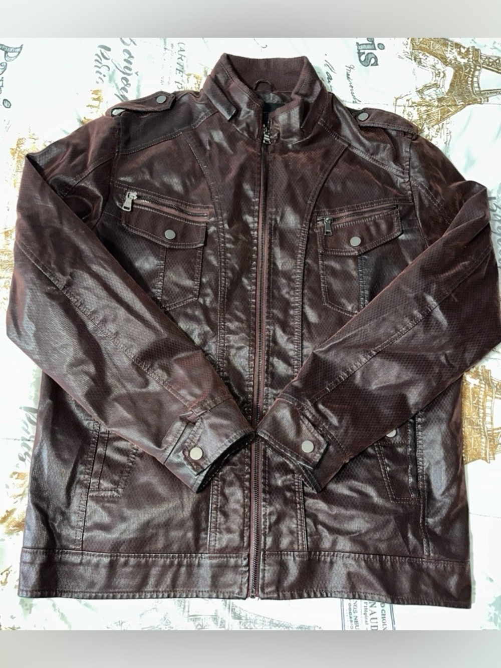 Men's Dark Brown Faux Leather Bomber Jacket with Stand Collar